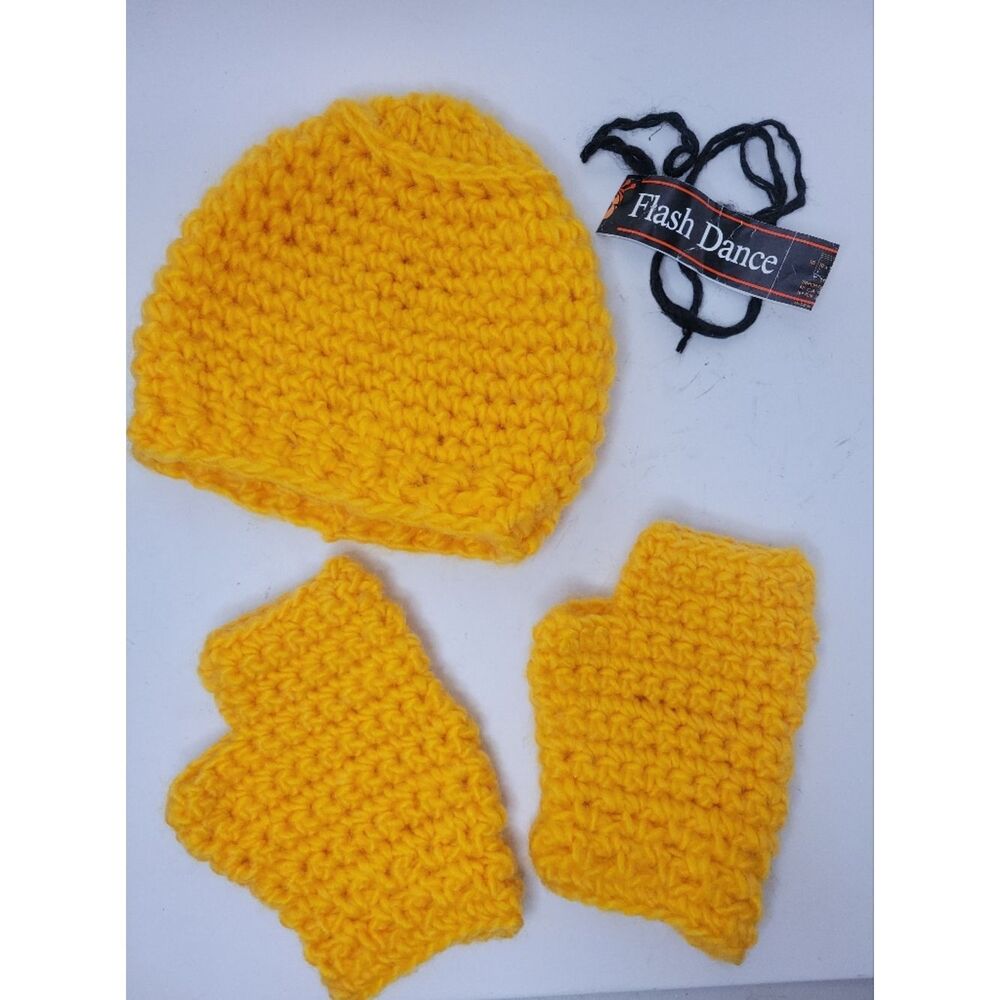 Handmade Knitted Yellow Crochet Hat and Fingerless Gloves Set
